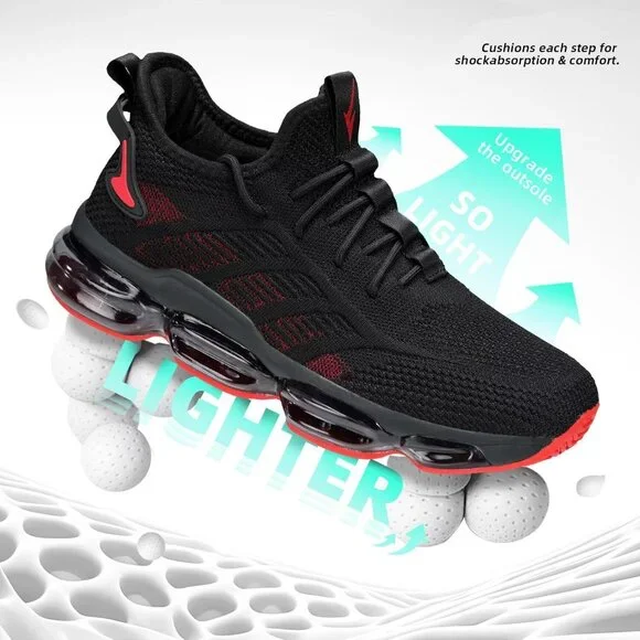 Men's Black Red Running Shoes Air Cushion Slip on Walking Tennis Sneakers